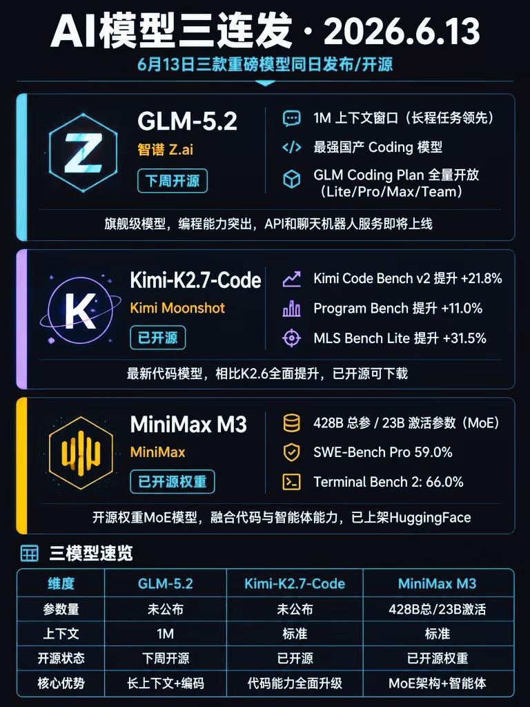 6月13日国产三编码模型同日发布，AI开发赛道彻底内卷
 
一、三款新品核心亮点