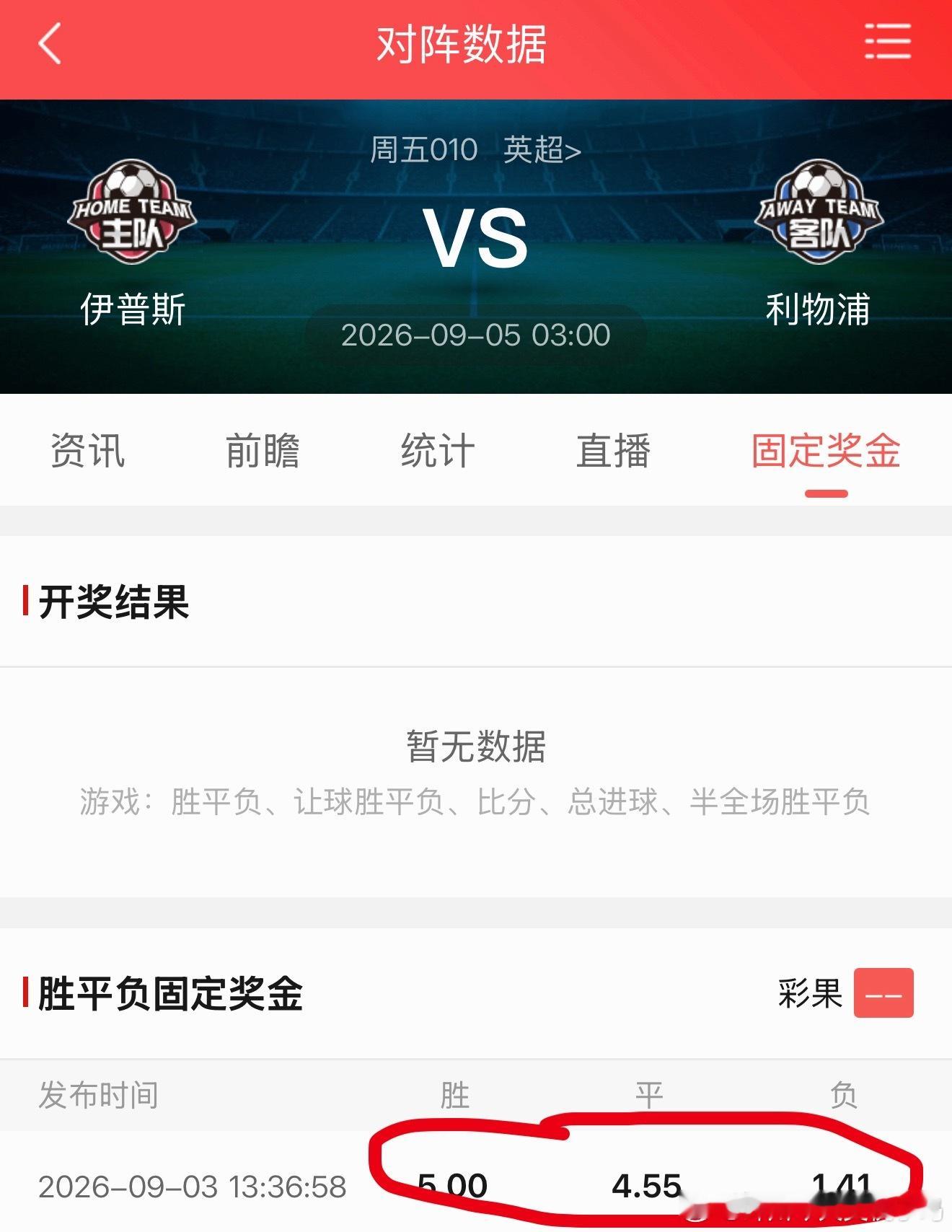前两轮看好利物浦，他们都没赢，这场利物浦初始5.0 4.55 1.41，历史上有