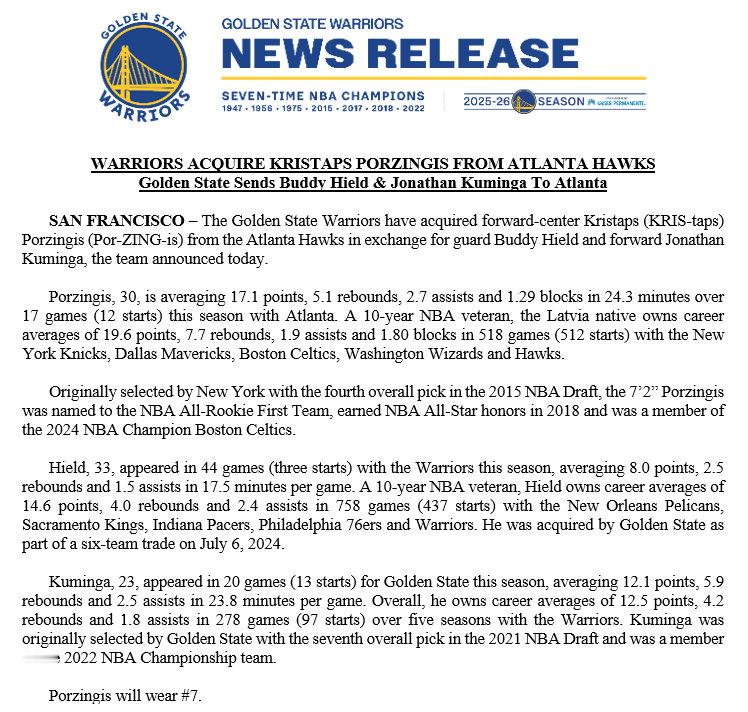 勇士从老鹰队交易得到前锋/中锋波尔津吉斯，作为交换，送出了后卫希尔德和前锋库明加