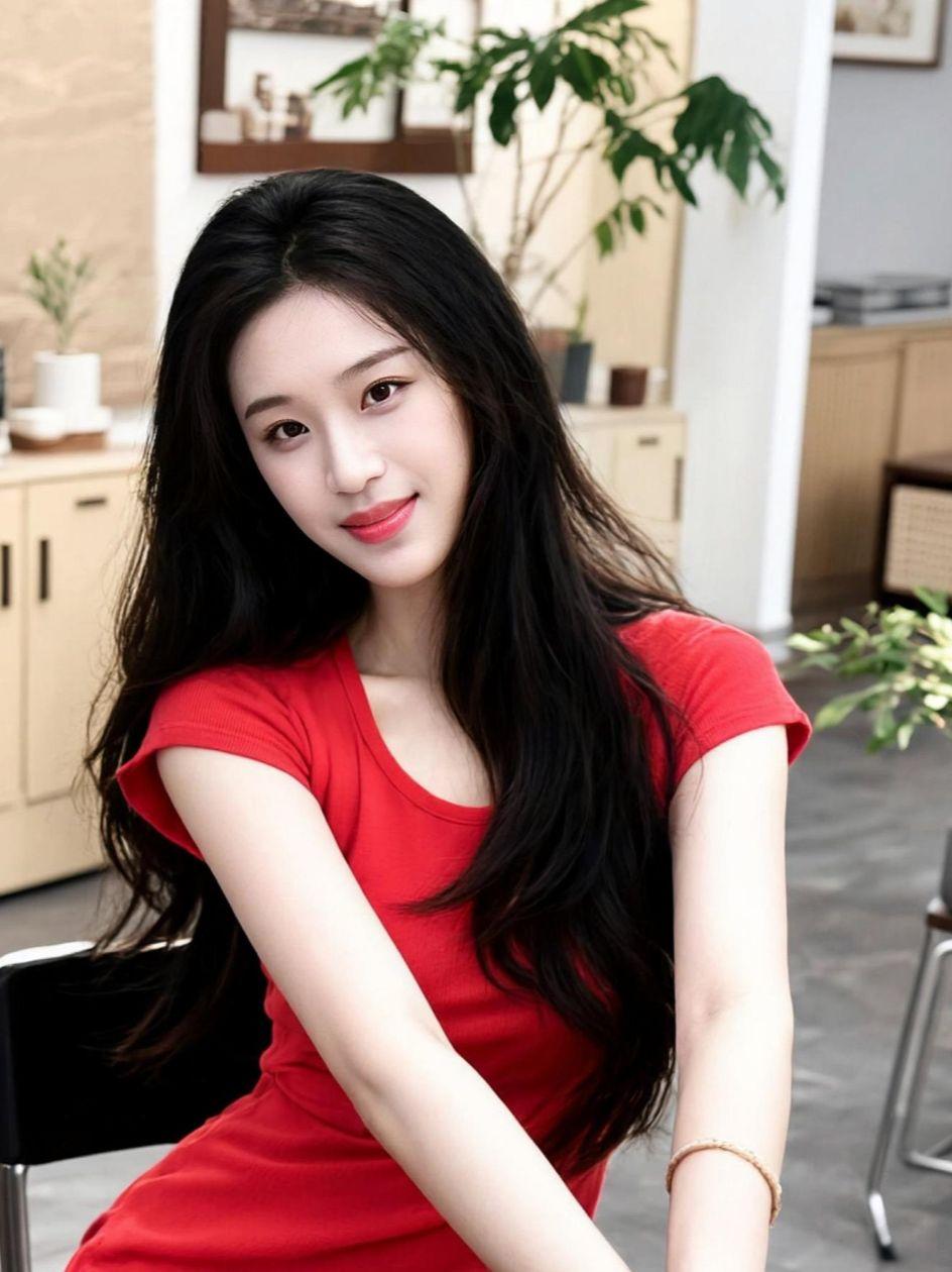 红色的衣裳在阳光下熠熠生辉，仿佛是夏日里的一抹热烈情感。背景中的绿植与木质家具，