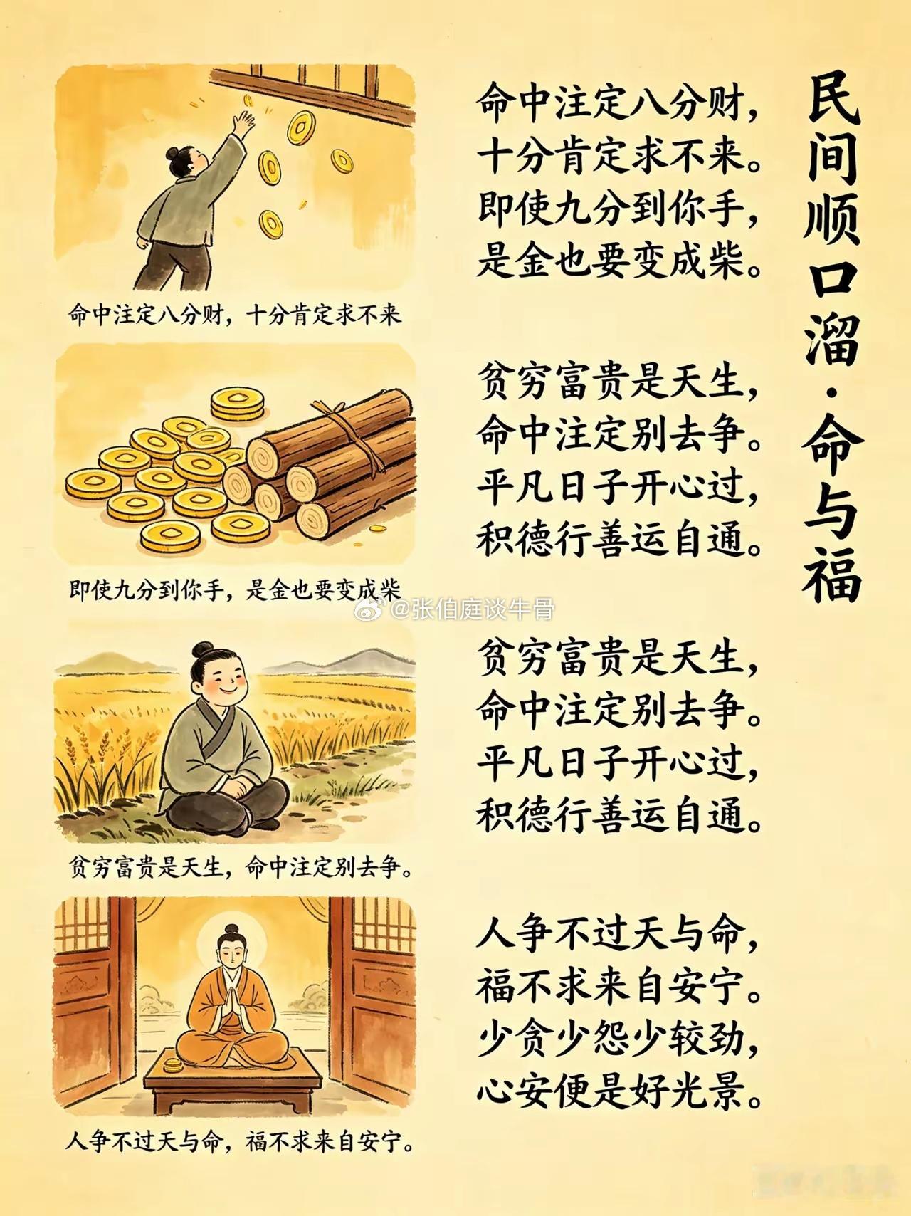民间顺口溜·命与福命中注定八分财，十分肯定求不来。即使九分到你手，是金也要变成柴