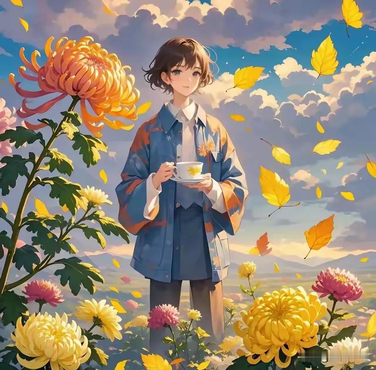 几朵野菊迎风笑，
若干家兰在室娇。
横批：《野菊与家兰》