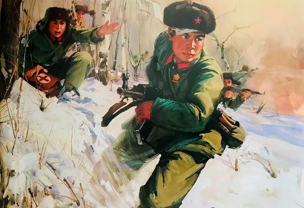 这是我年少时在墙上见得最多的一幅极具冲击力的油画。
那时只晓得画里的解放军战士格