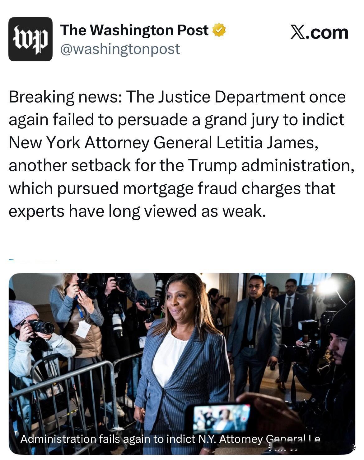 突发新闻：大陪审团再次驳回了特朗普政府司法部对纽约州总检察长莱蒂西亚·詹姆斯提起