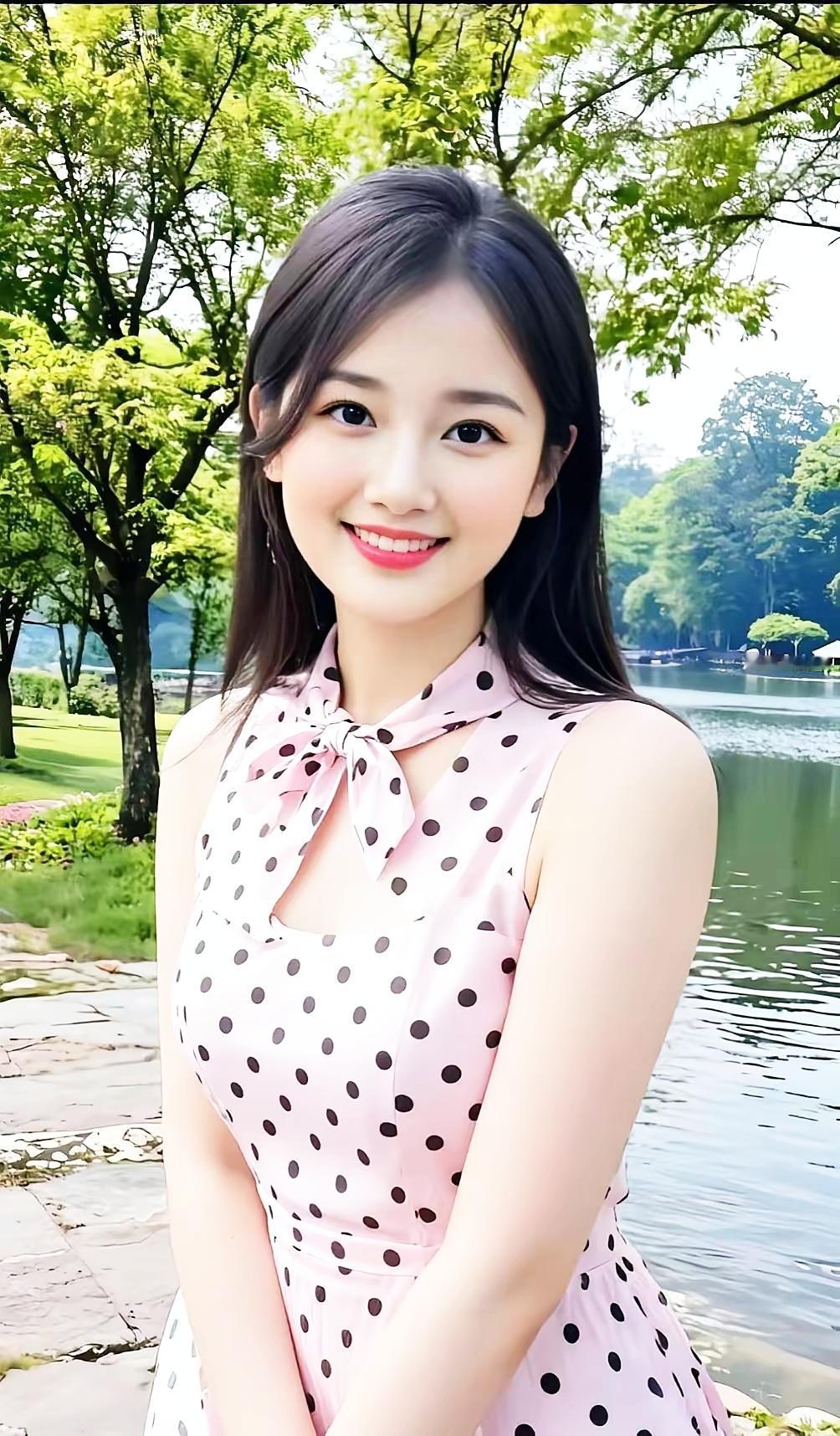 阳光明媚的公园里，甜美女孩微笑着，粉色波点裙与绿意盎然的背景相得益彰。