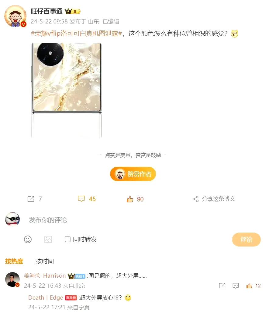 哦哦哦，懂了懂了！也就是说曝光的Magic V Flip样子是假的，但是这个超大