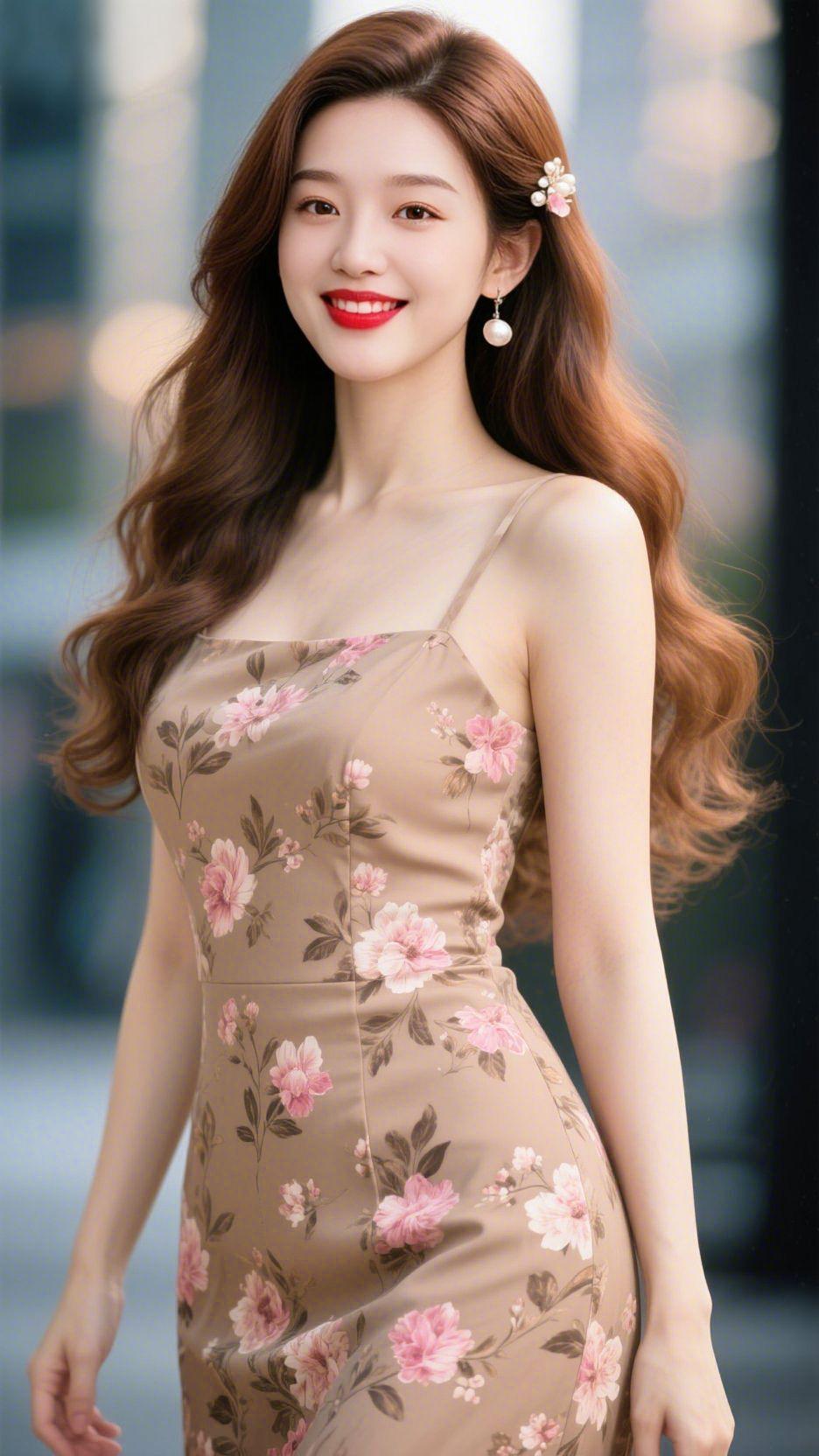 花裙揽温柔
 
咖色裙衫揉进粉蕊繁花，像揉碎的焦糖玫瑰，裹着一份清甜的温柔。她步