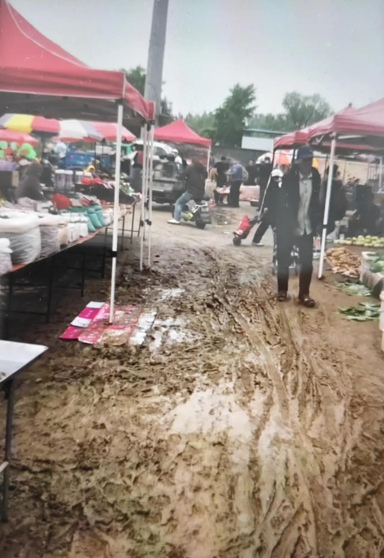 前几天刚下过雨，即墨区温泉街道每逢农历一、六的皋虞大集场地变得泥泞不堪，根本就没