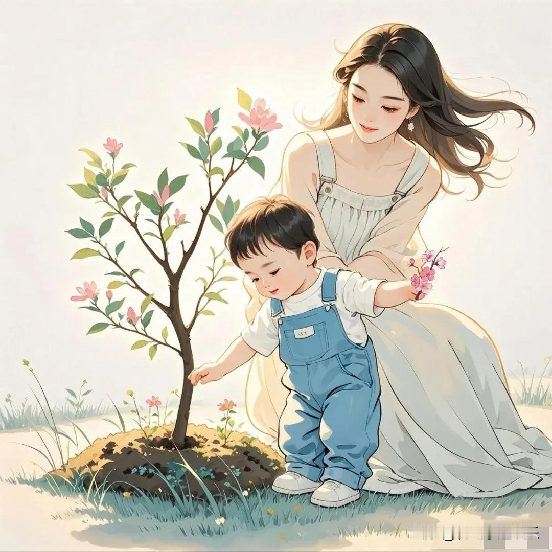 在温柔日光里，妈妈陪伴宝贝种下小树 。微风轻拂，花朵摇曳，大手牵小手，一同做绿化