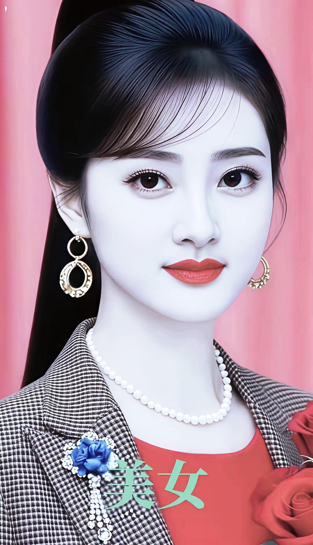 优雅红唇，复古珍珠，蓝色花饰，完美女神。
