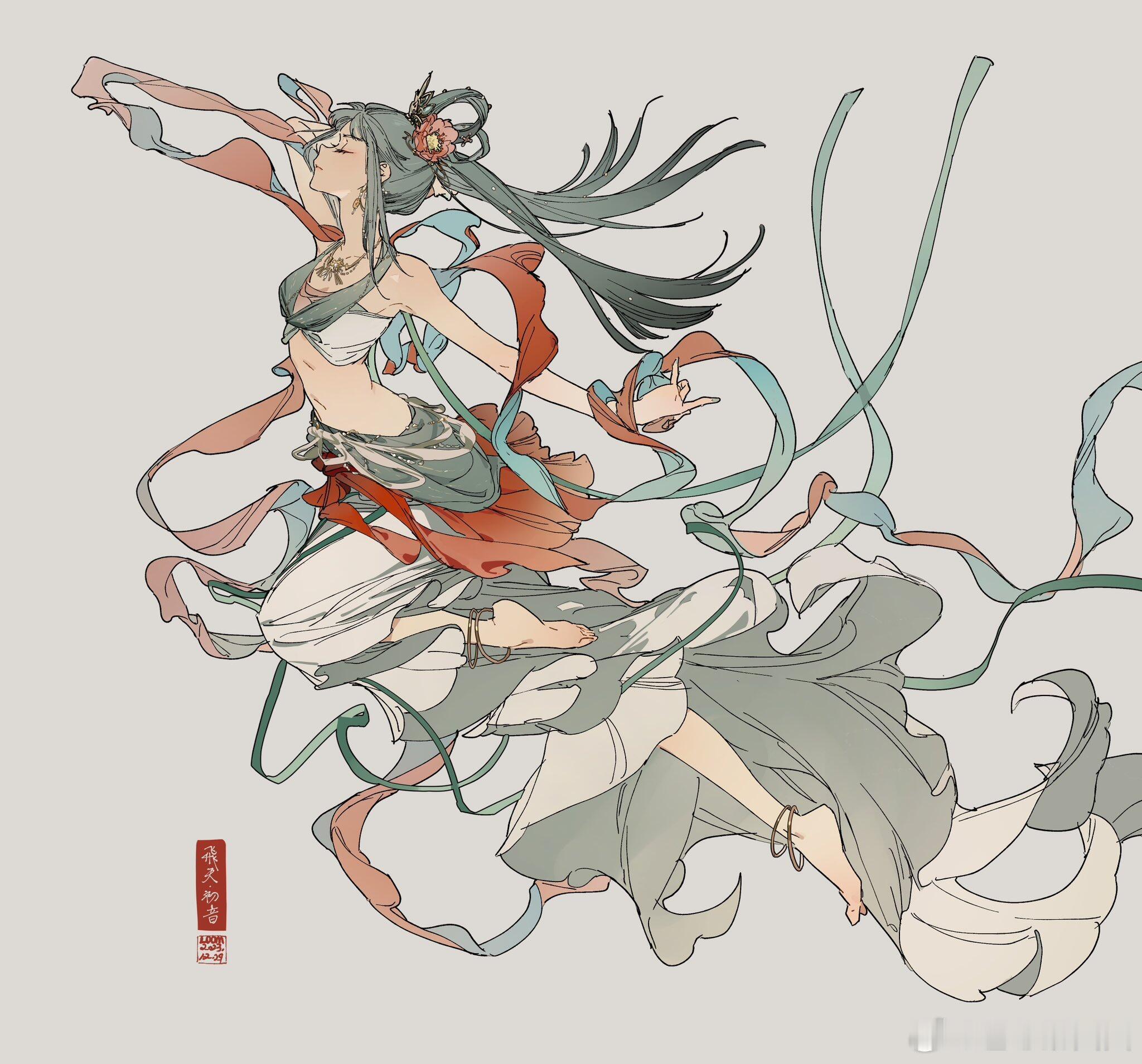 初音未来19周年双马尾不再是夸张的符号，而是随着动作轻轻扬起，配上标志性的葱绿发