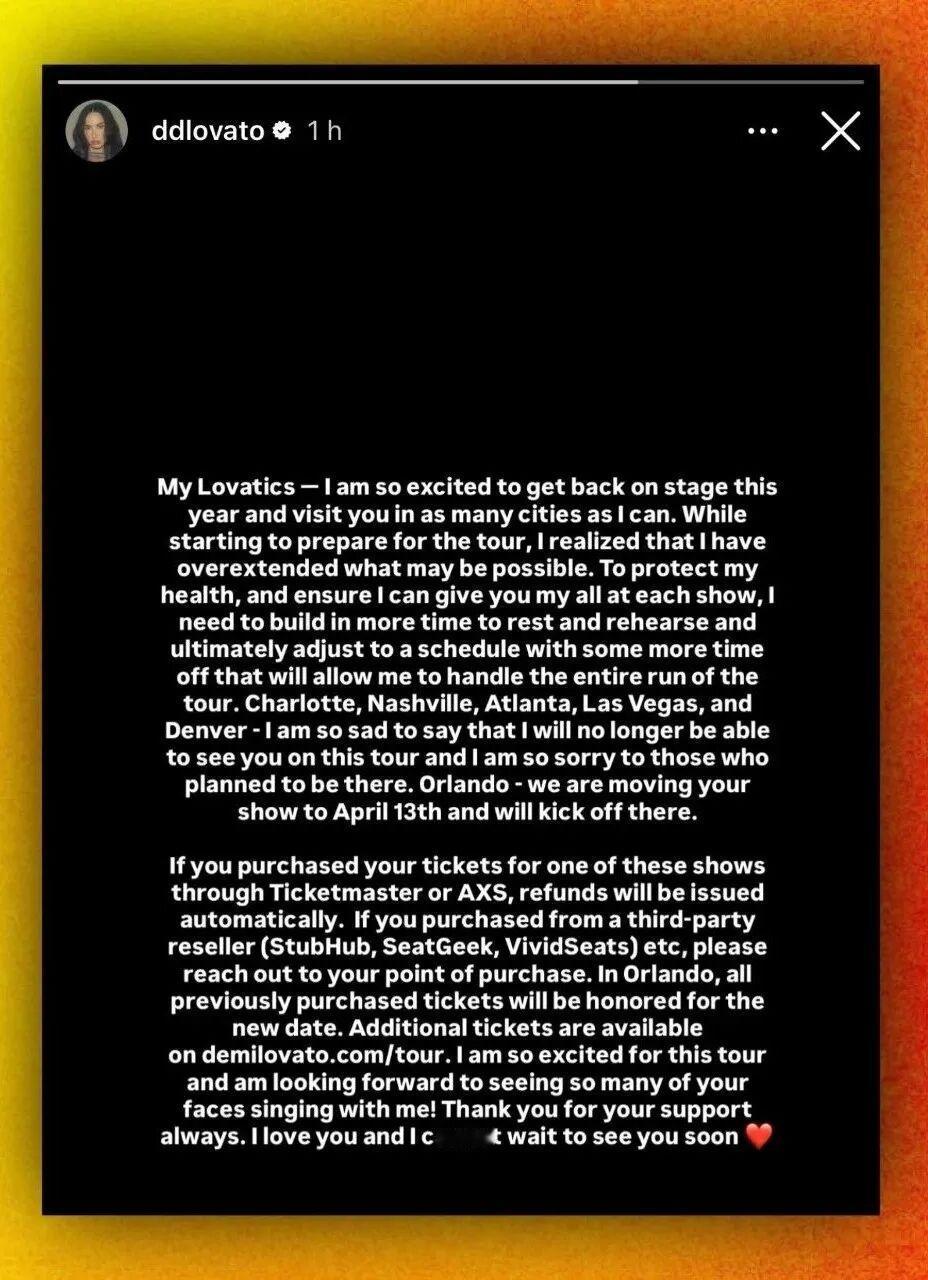 Demi Lovato 宣布取消夏洛特、纳什维尔、亚特兰大、拉斯维加斯和丹佛的巡