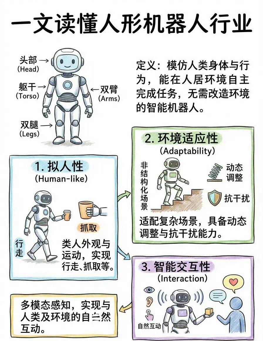 一篇读懂人形机器人行业。人形机器人是模仿人类形态与行为设计的智能系统，集机械、电