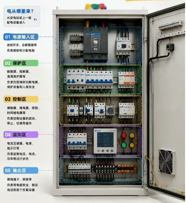 一张看懂配电柜分区、保护、控制元器件
🔌配电柜全套识图讲解
图1：配电柜整体分