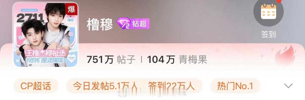 橹穆超话爆了，现在的CP超话前排只有橹穆和博君一肖常驻，橹穆都超过博君一肖了橹穆