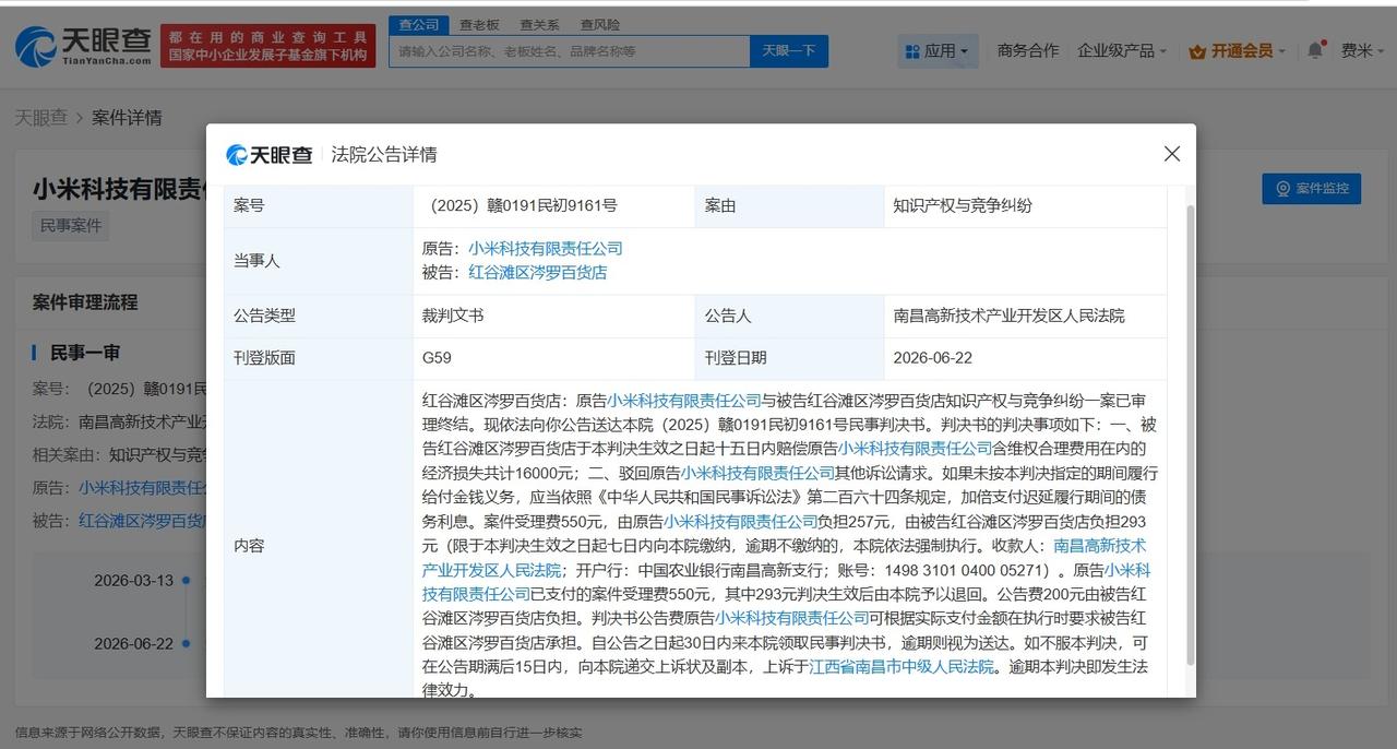 小米起诉侵权商家获赔1.6万
小米起诉侵权商家胜诉
天眼查App显示，近日，南昌