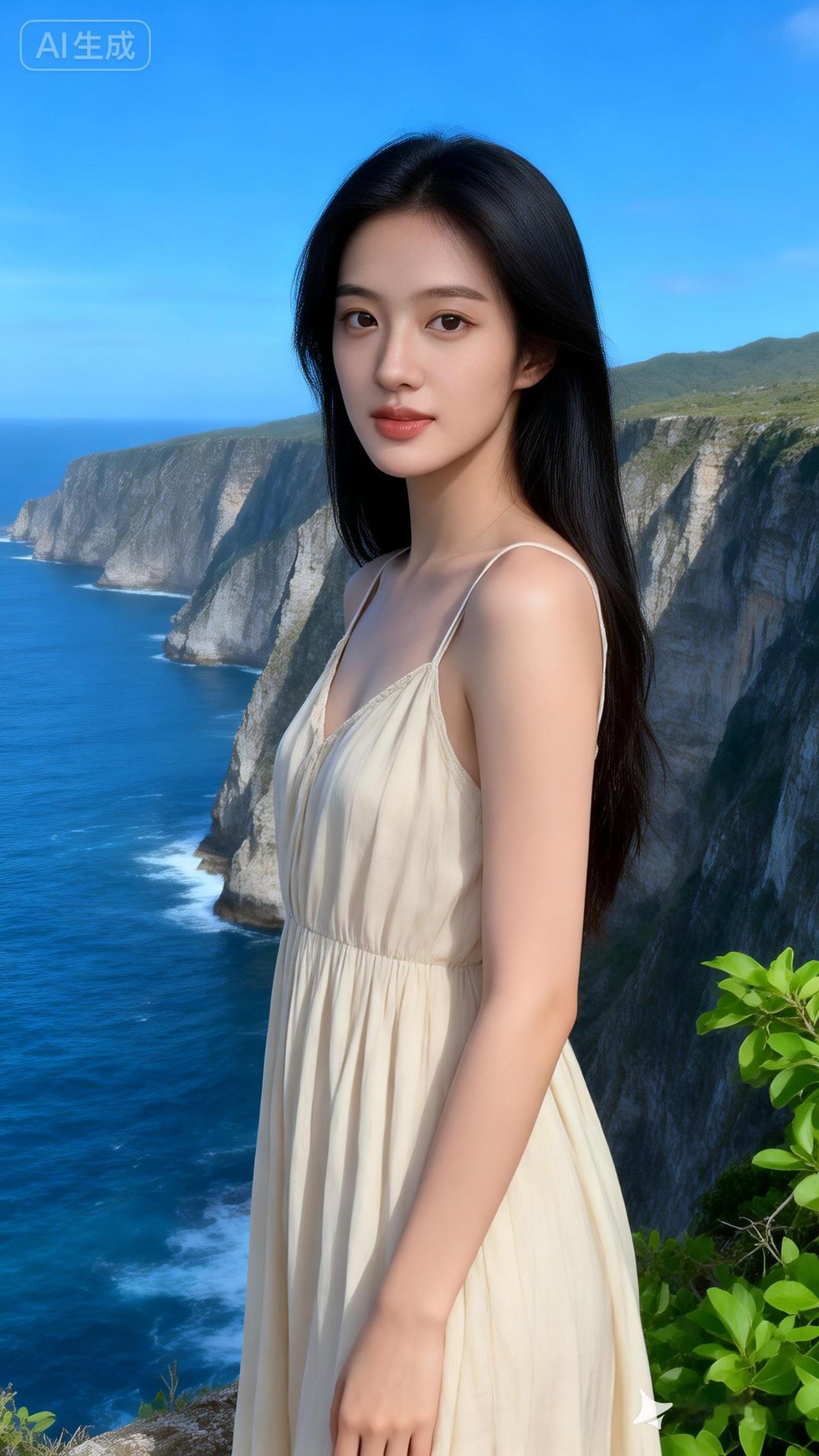 悬崖边的少女，海风轻拂，裙摆飘逸，如梦如幻。