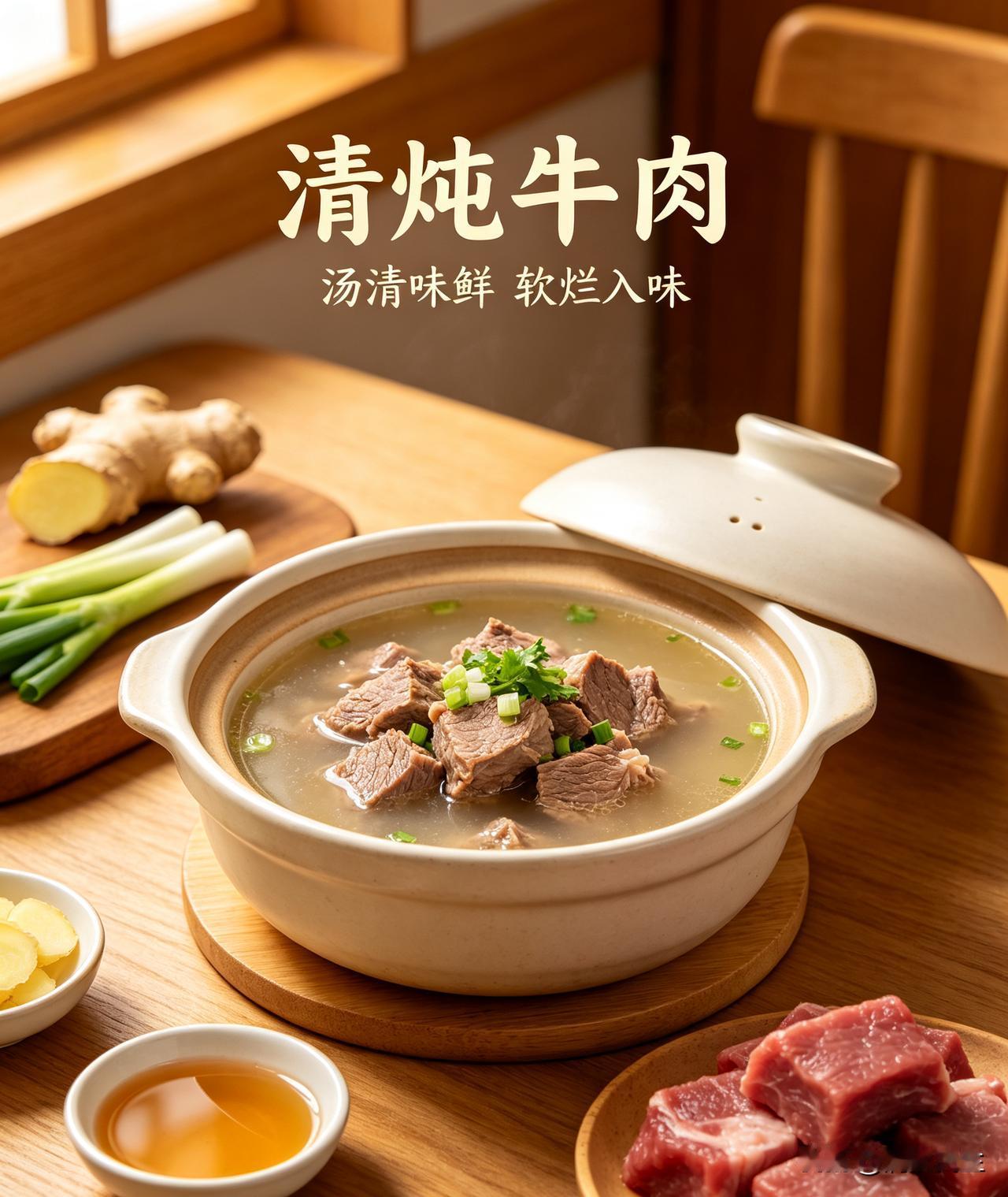 牛肉切块，冷水下锅，放入姜片、料酒，大火烧开撇净浮沫，捞出温水冲洗。
 
把牛肉
