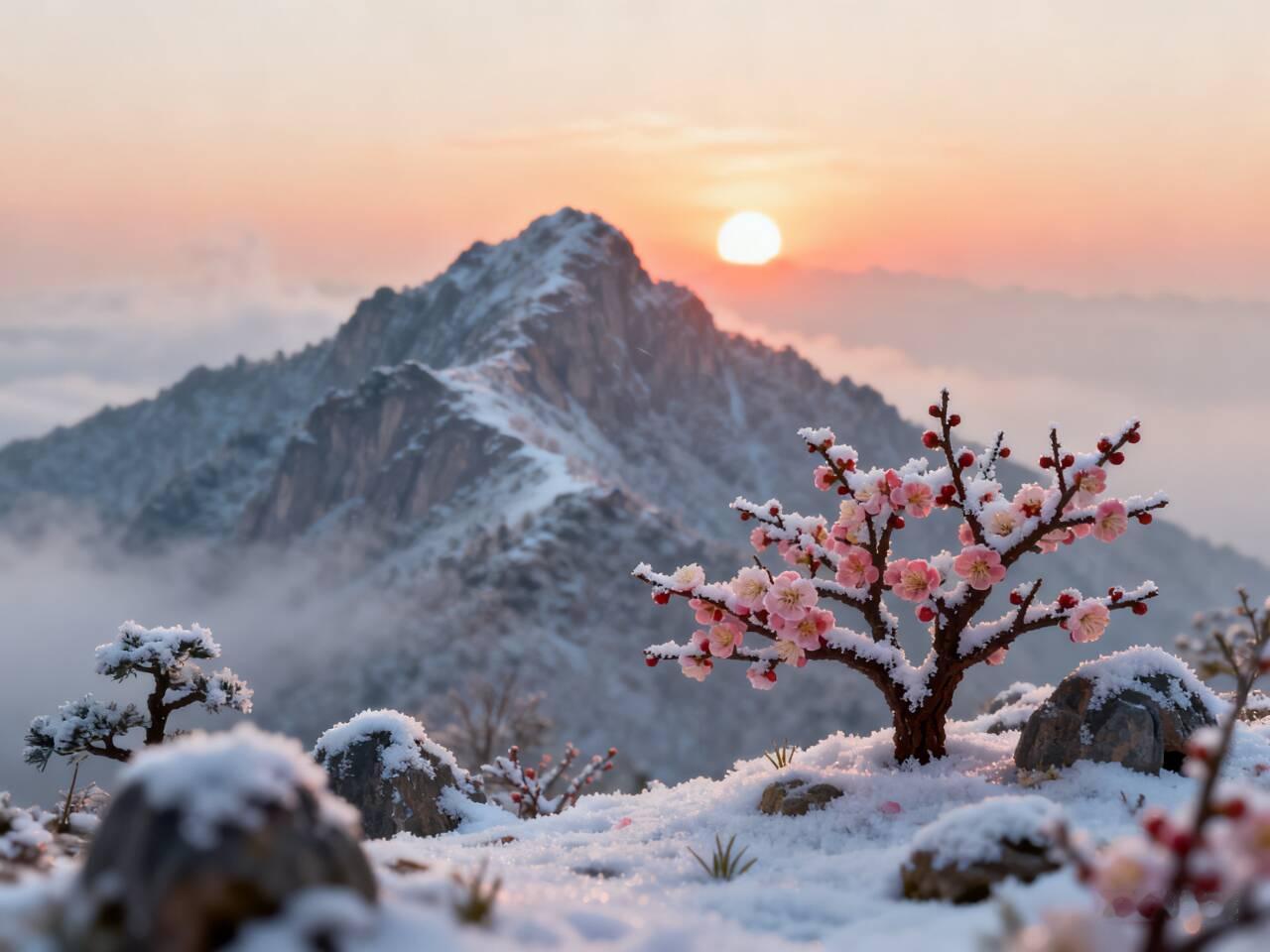 落尘碧巅
寒风浅步落尘烟，
旭日高升出碧巅。
逐溢霜枝峰际冷，
丰花艳舞笑梅娟。