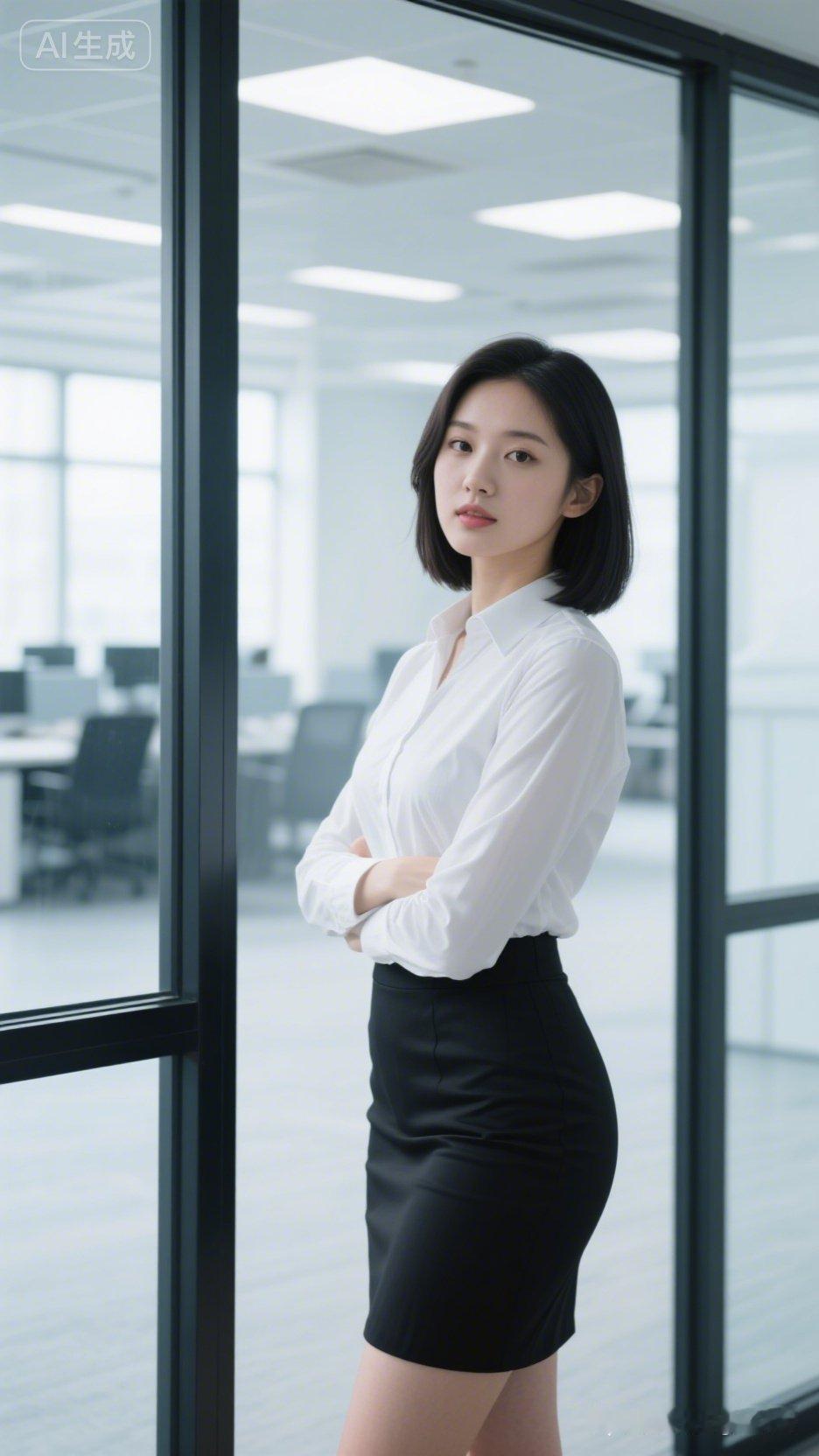 这位女士在办公室里靠窗站着。