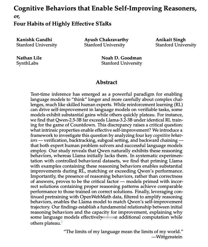 促进推理者自我完善的认知行为

斯坦福大学的研究人员和同事研究了为什么某些语言模