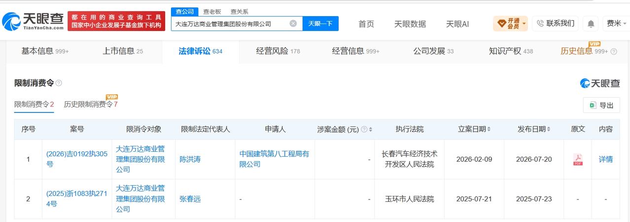 万达商管因1373万案款被限消
万达商管再被限消
天眼查法律诉讼信息显示，近日，