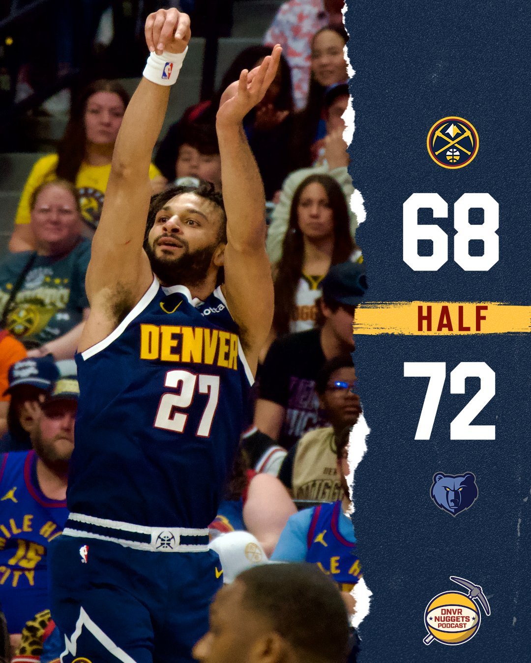 半场打完，掘金主场落后3.5队灰熊4分，灰熊上场扔进平纪录的29记三分，今天半场