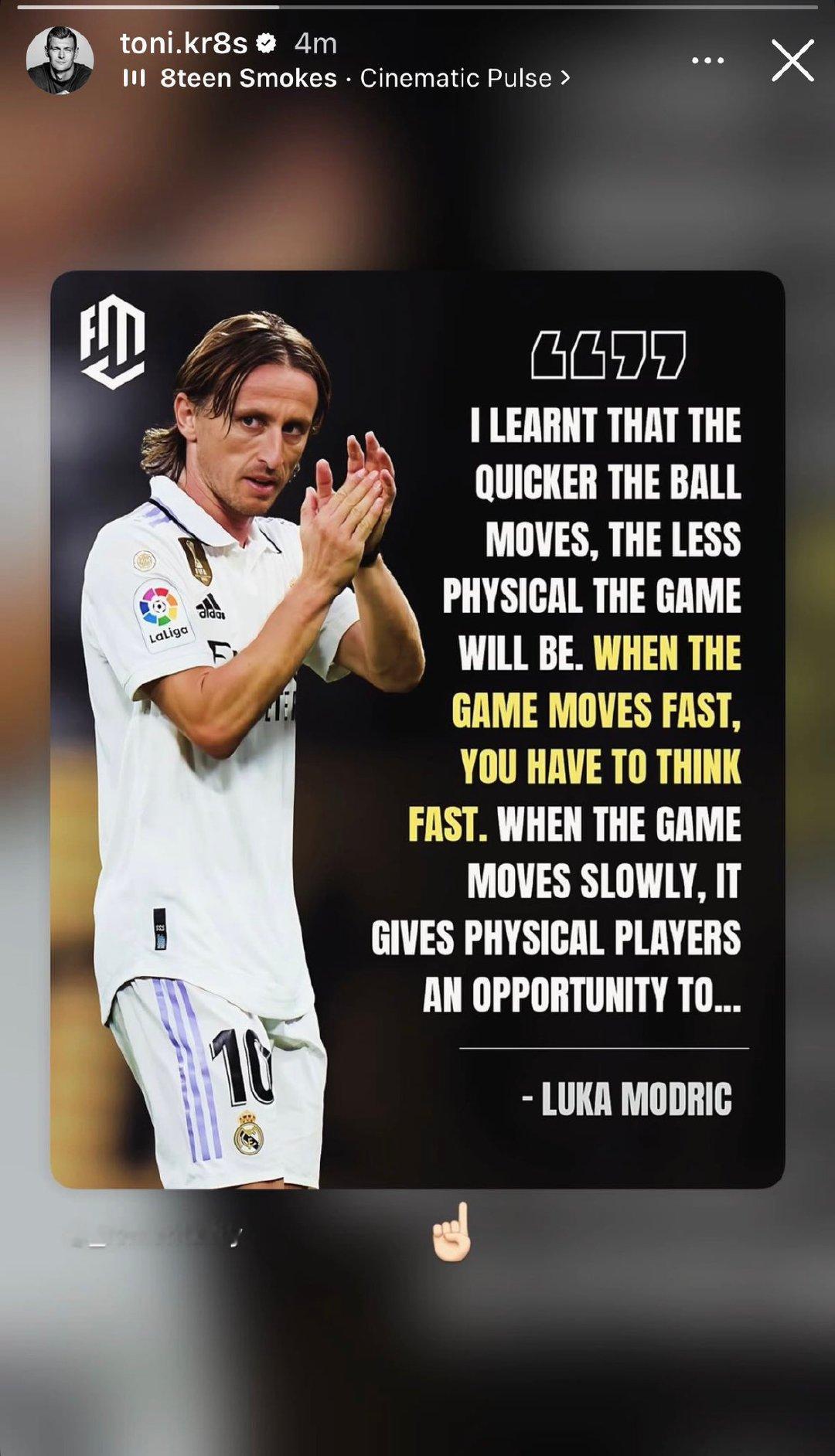 克罗斯转发IG。“我发现球速越快，身体对抗就越少。当比赛节奏加快时，你必须反应迅