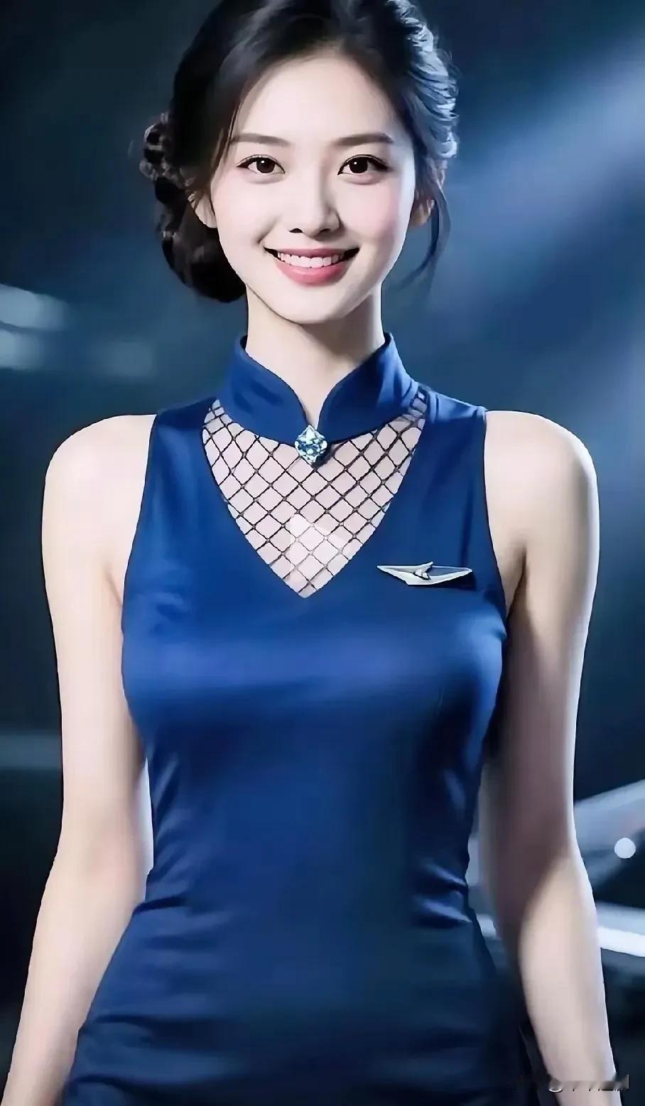 💙 藏青旗袍领撞上网纱细节，把东方韵味与利落气质揉为一体，浅笑间尽显优雅从容。