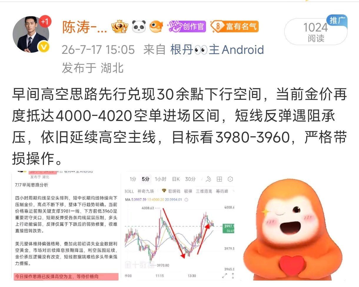 7.17全天日总结全天统一高空主线，早午晚分时段给出精准压力支撑点位，叠加利空数
