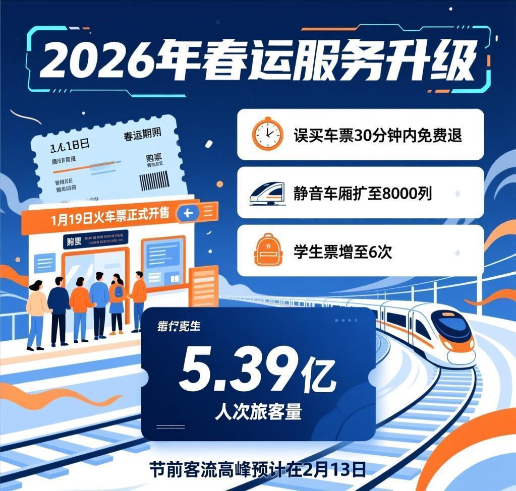 2026年春运火车票今起开售：服务升级

2026年春运火车票1月19日正式开售