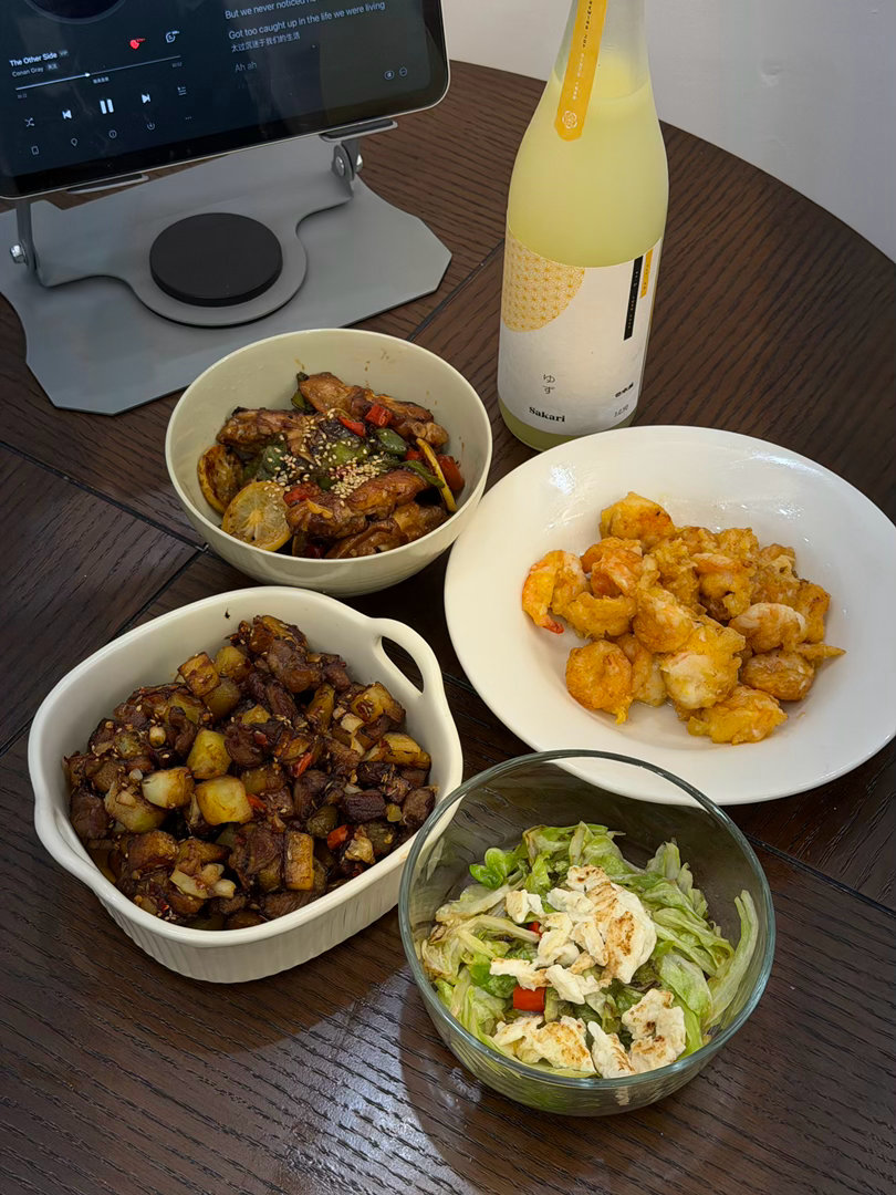 滴！飞飞大厨体验卡👩🍳今日菜单：芥末虾球、孜然土豆牛肉粒、蒜香柠檬鸡翅、清炒
