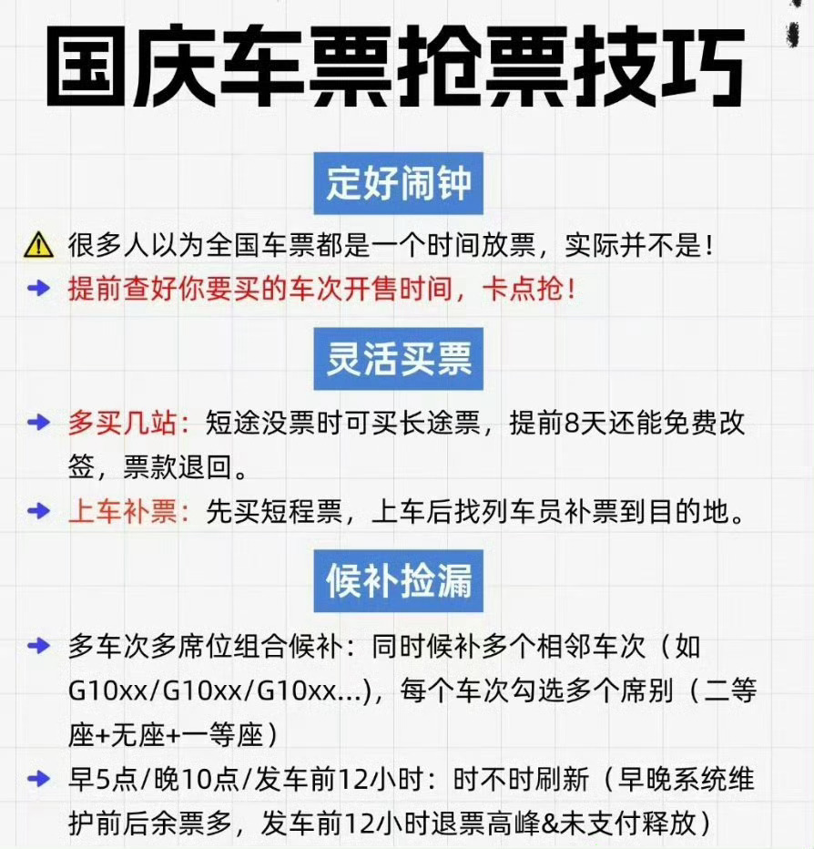 12306抢票一年一度的国庆假期又要开始了，抢票技巧看图！今年还是8天假期[do