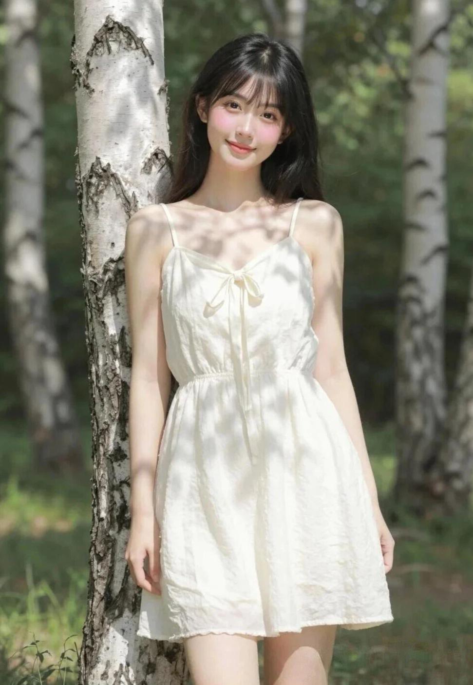 这组照片是在一片绿意盎然的白桦林中拍摄，整体呈现出清新治愈、日系森系的唯美风格。