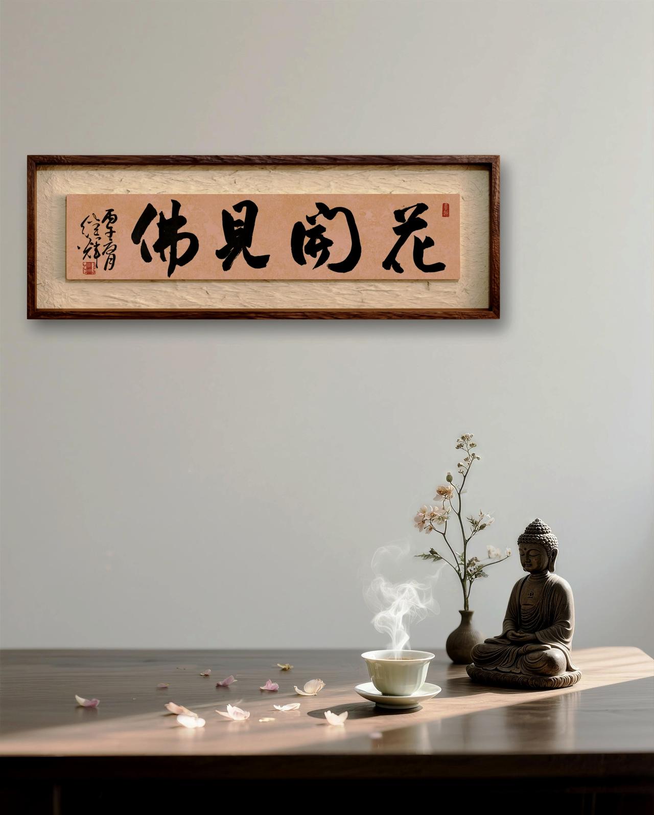 今日分享行书四字吉语“花开见佛”。“花开见佛”是一个美妙的意境，它就像一种心灵的