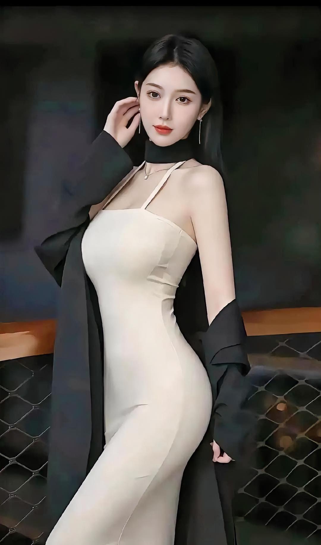 《墨映柔光》

暗夜为幕，网格轻织深邃

你回眸，如一抹米白的诗

吊带勾勒，黑