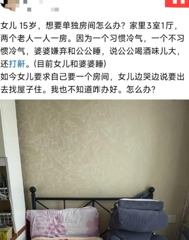 女网友求助：女儿 15岁了，想要一个单独的房间。可是家里3室1厅，两个老人一人一