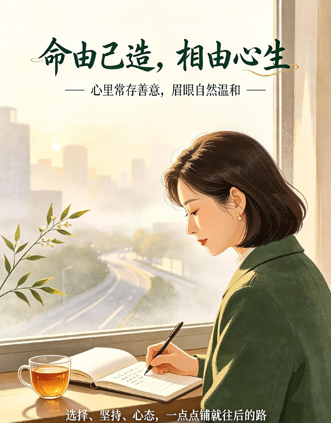 一直很喜欢这句话。一个人的模样、状态，很多时候藏着他的心境。心里常存善意，眉眼自