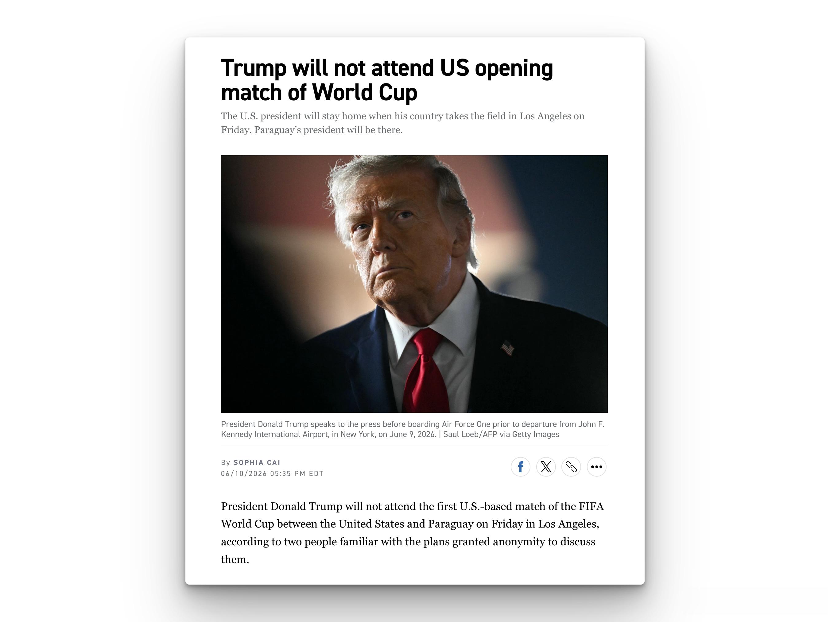特朗普将不会出席在洛杉矶举行的美国队世界杯揭幕战。据两位知情人士透露，美国总统特