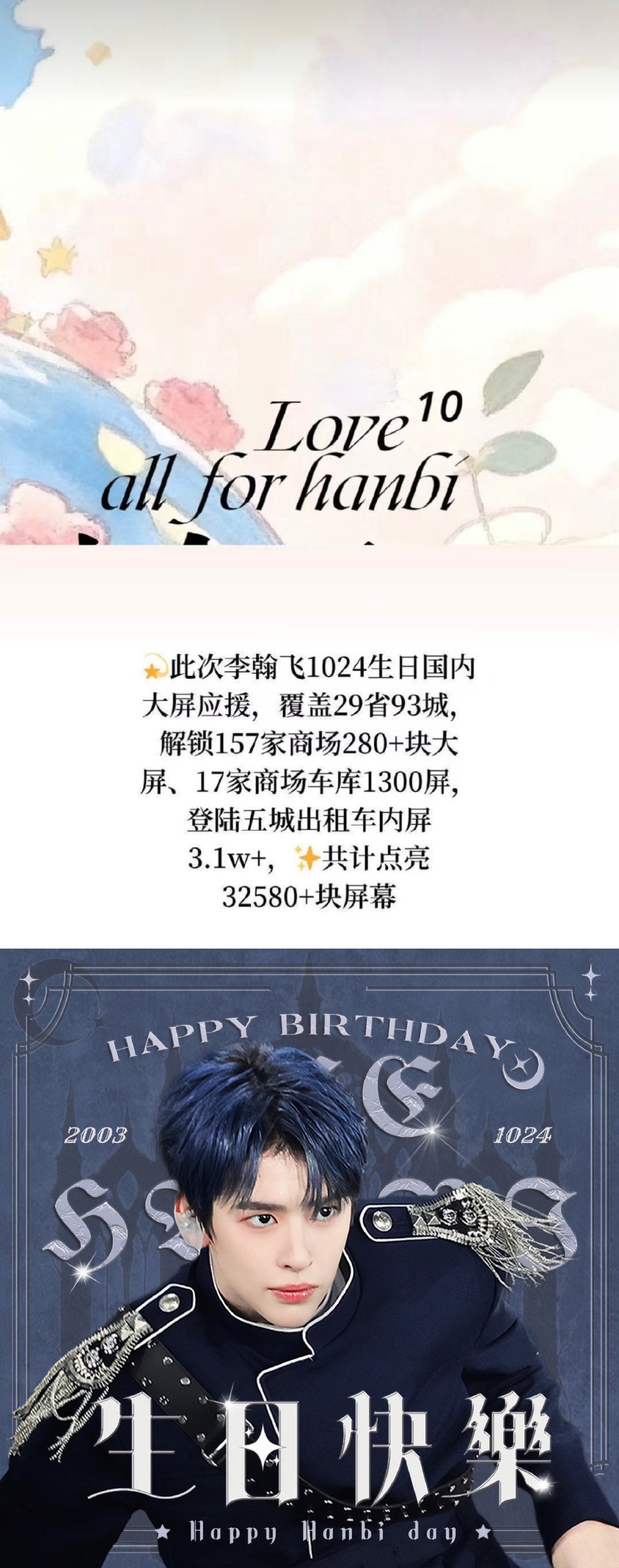 李翰飞1024生日盛大又热烈国内29省93城共计32580+屏幕应援[拜托][手