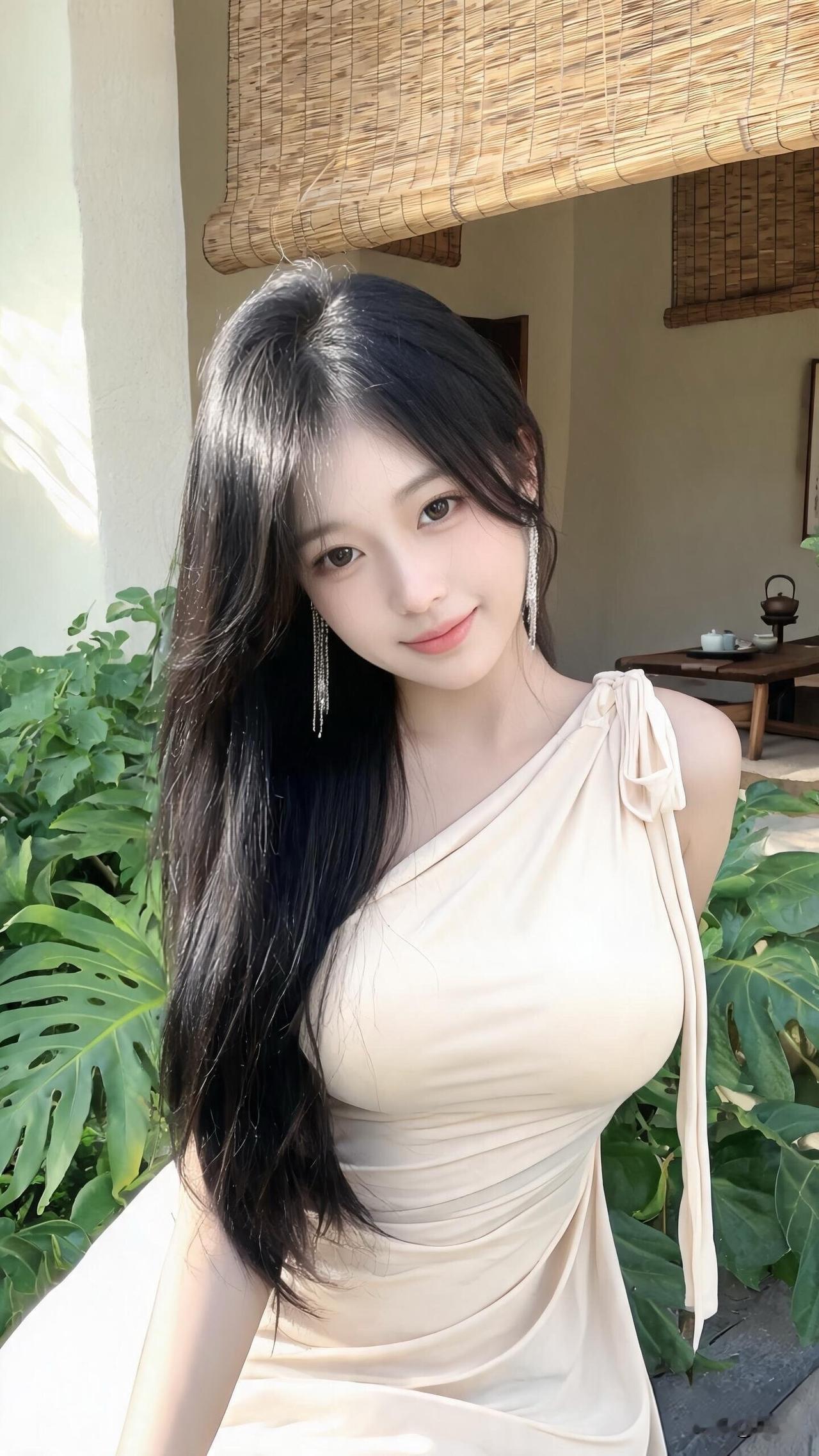 夏日清新穿搭，浅米色连衣裙搭配自然绿植，尽显优雅气质。
