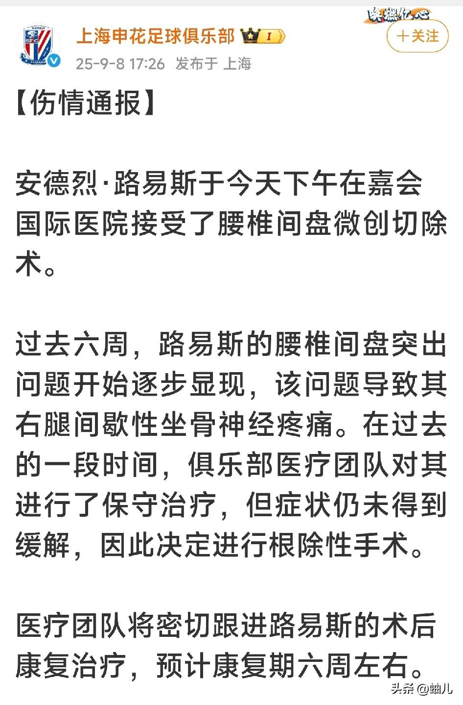 争冠时刻，上海申花又传来坏消息，又一名外援前锋做手术停赛。
   离本赛季中超联