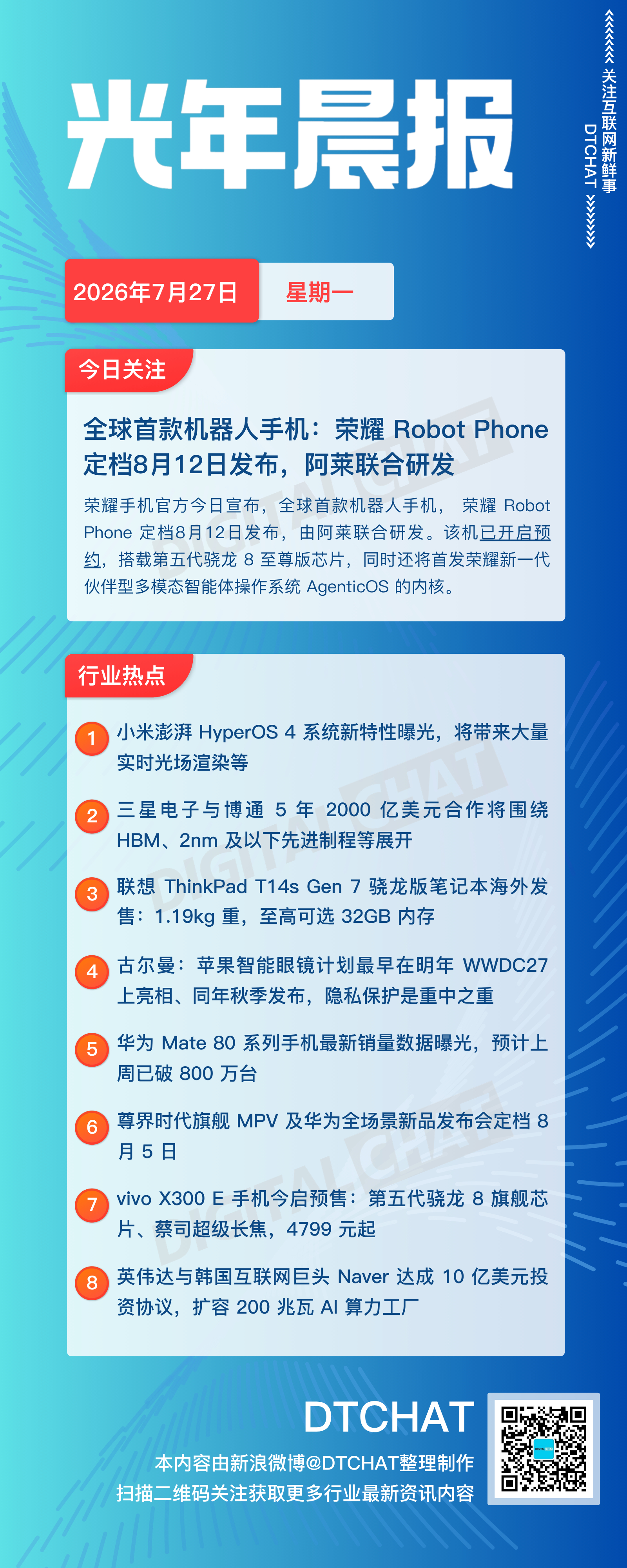 vol.968｜7月27日：DTCHAT光年晨报今日关注：全球首款机器人手机：荣