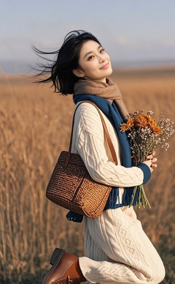 上联：素绒裹风，篮携秋野色
下联：暖巾叠翠，鬓掠草间光