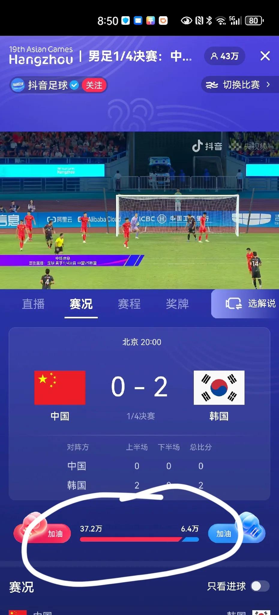 6：1。杭州亚运会足球比赛，中国男足支持率大约是韩国队的六倍。然而中国男足发挥稳