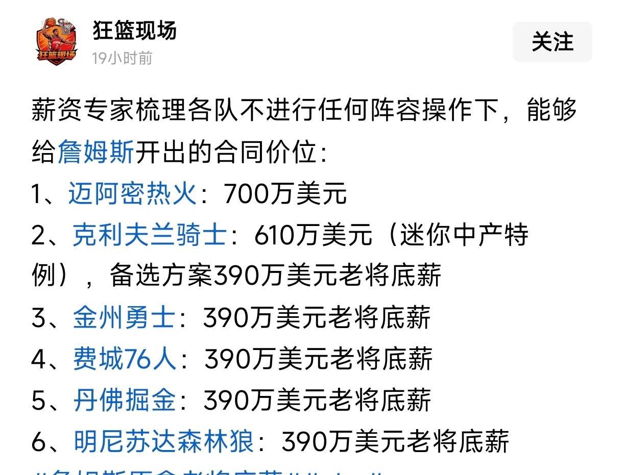 詹姆斯真的没人要了，
号称12队哄抢，
却没一支球队给到中产，
真是太尴尬了，