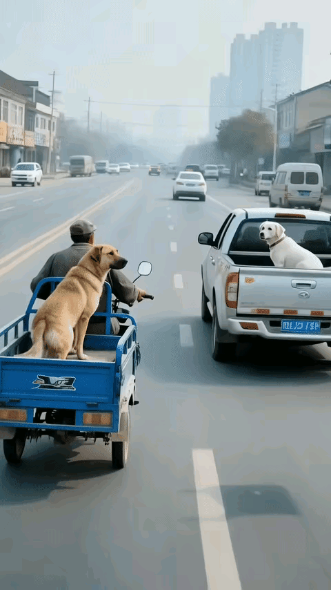 两只狗在车上看对头。
这条黄狗给两条白狗吸引住了，这个是不是一见钟情啊！