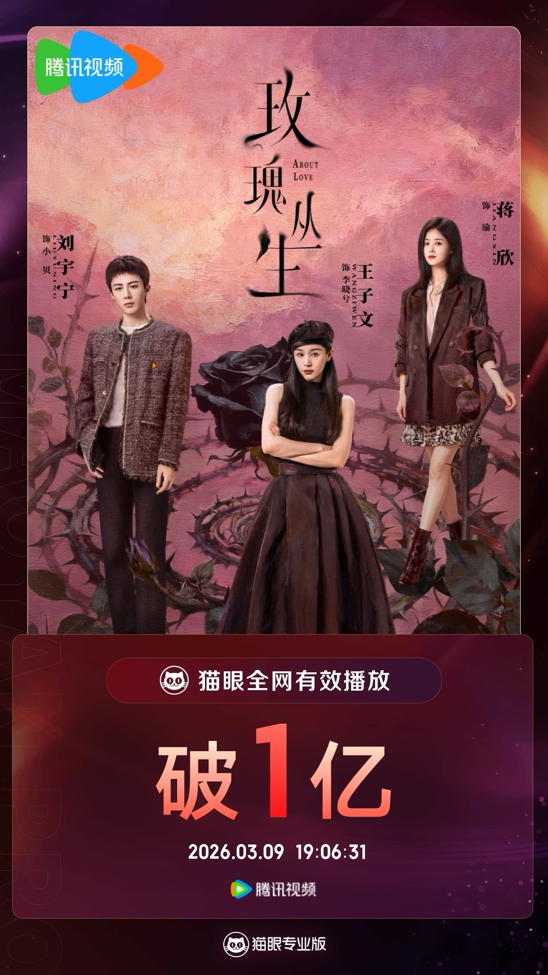 玫瑰丛生玫瑰丛生有效播放量破亿 据猫眼专业版数据，领衔主演剧集《玫瑰丛生》，全网