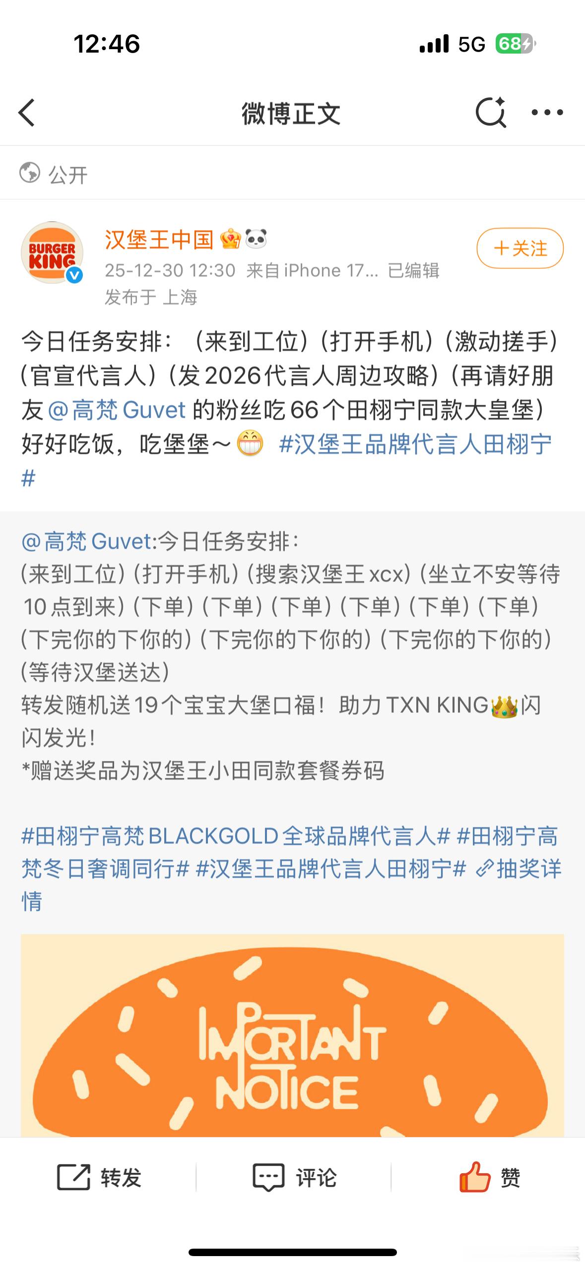 我们家的ppf也太可爱了吧汉堡王品牌代言人田栩宁 💛田栩宁高梵BLACKGOL