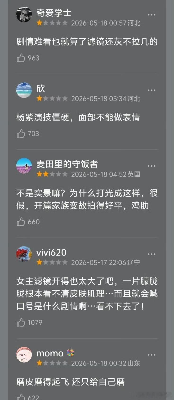 杨紫《家业》一星短评开始在清除了 